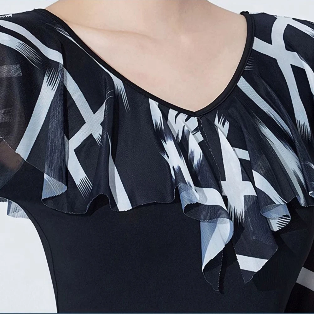 Langärmliges Oberteil für Damen, bedrucktes Hemd, lateinamerikanischer Tanz, V-Ausschnitt, Samba, gerüschter Ball, schwarzes Übungs-Bühnenhemd