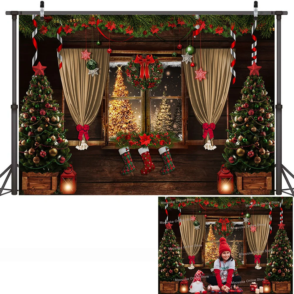 3D Christmas Room Backdrop Decorations Winter Santa Claus Window Kids Portrait Background Curtain Xmas Tree Socks Photocall Prop