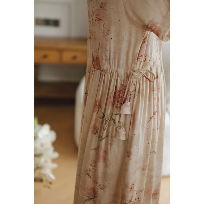 Women Summer Short Sleeves Cotton Printing Nightdress Rayon Satin V-Neck Mid-Calf Nightgowns Loose Design Sleepwear Nightie New