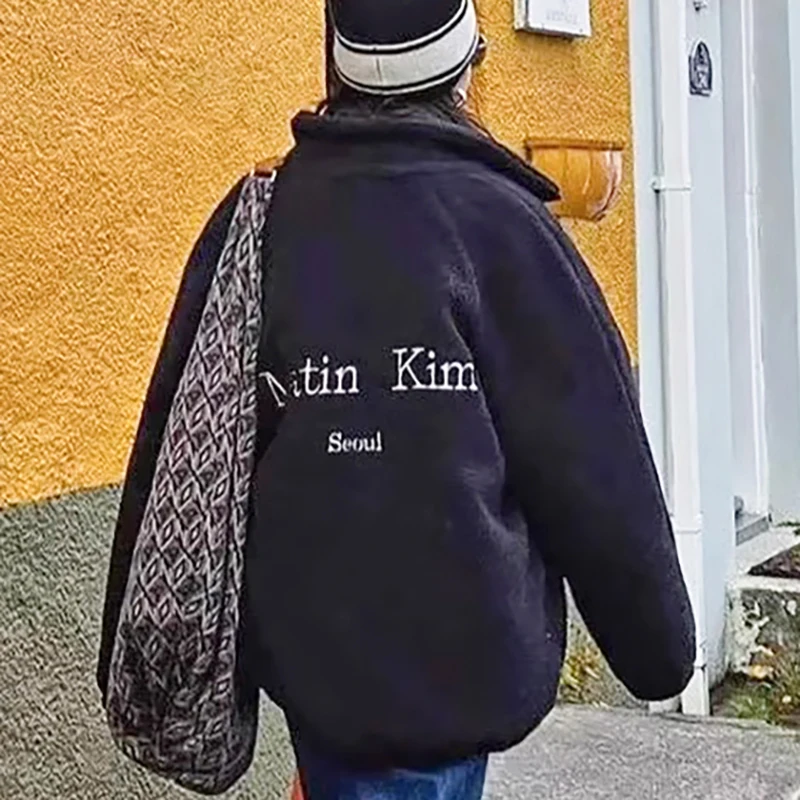 Lamb Fur Embroidered Letter Jaet Dili Reba Commute Sle Loose Fit Zipper ket Long Sve Stand Collar Thiened Women's...