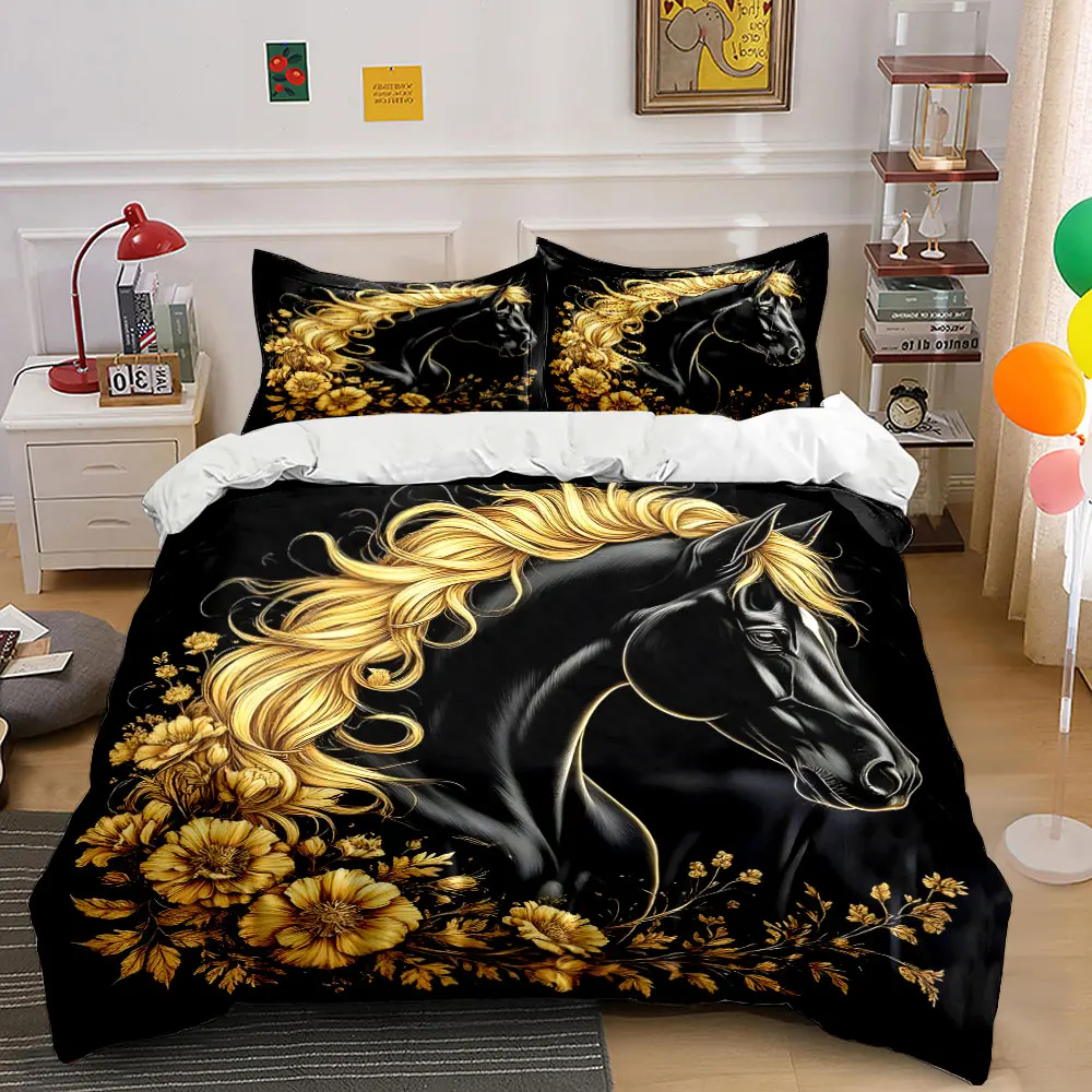 Golden Floral Horse Art Set kid's and adults' bedroom decor, Exquisite three-piece bedding set gift
