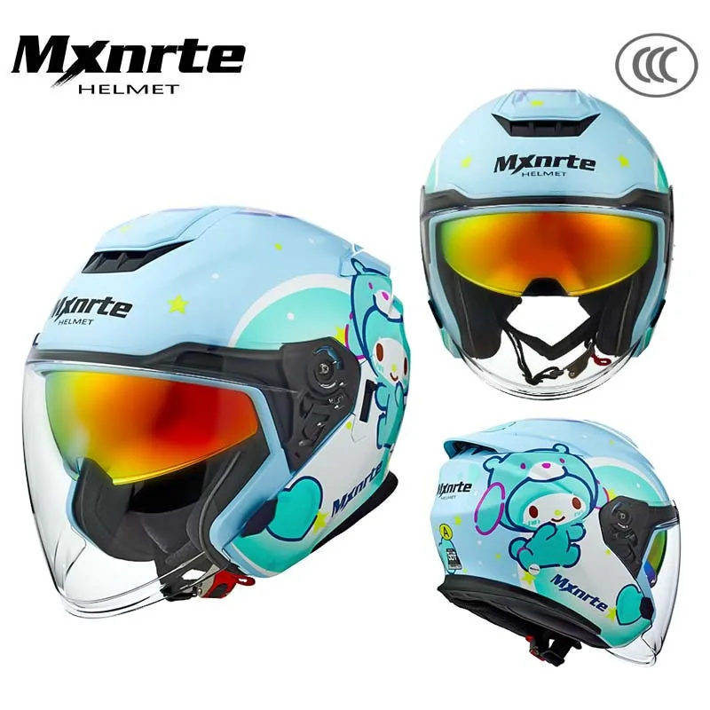 MXNRTE Motorcycle Helmet Four Season Universal Men Women Personalized Locomotive Double Lens Three-quarter Half Helmet