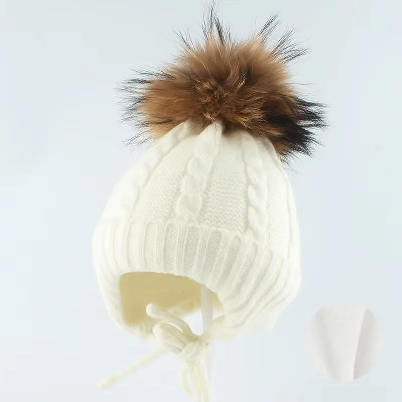 حقيقي الراكون الفراء Pompom قبعة الأطفال فتاة صبي شتاء دافئ زائد المخملية محبوك الصوف بيني للأطفال في الهواء الطلق إيرفلاب قبعة الطفل #4