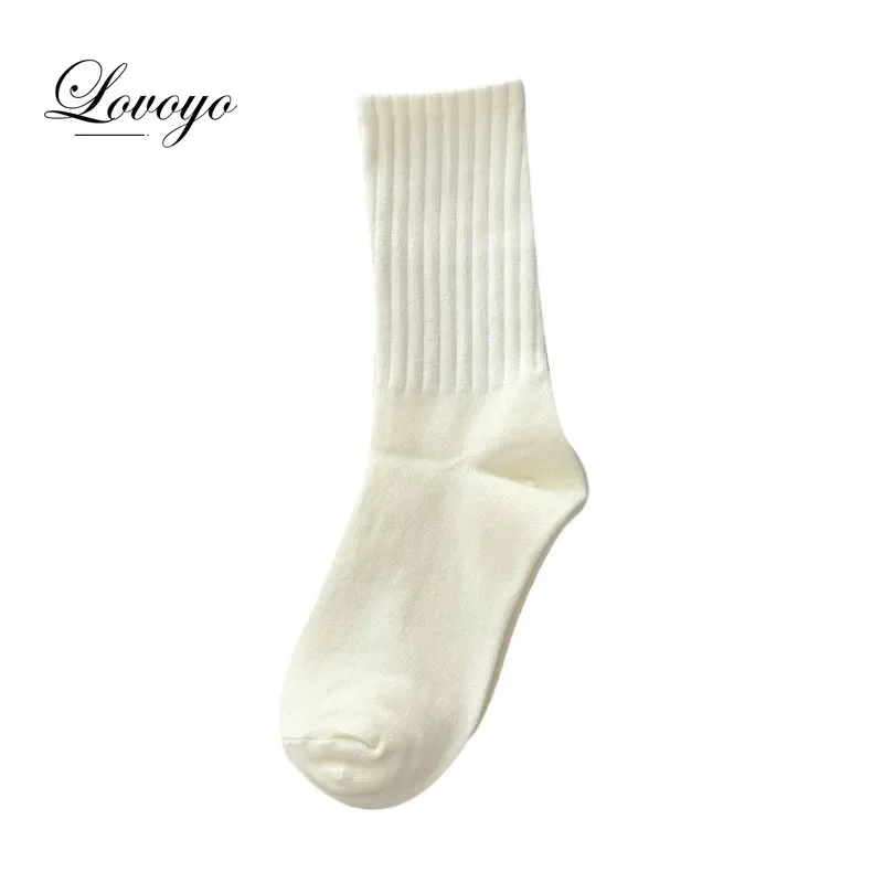 Korean Fashion Women Classic Solid Color Striped Cotton Loose Socks Japanese Style Simple Basic Socks Lady All Match Brown Sock