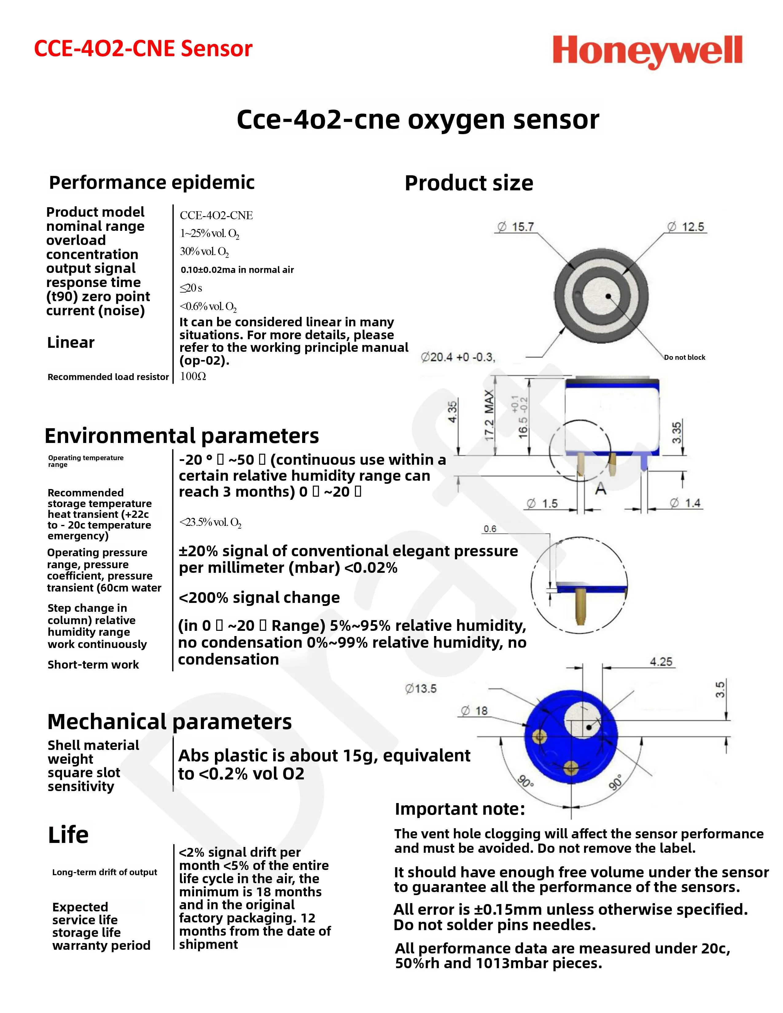 Sensor de calidad del aire O2 de repuesto del sensor Honeywell CCE-4O2-CNE para detectores de gas