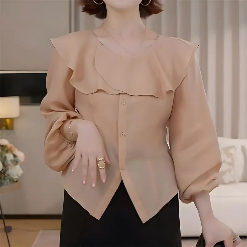 Women's French Style Ruffle Collar Blouse Puff Sleeve Button Down Slim Fit Elegant Top