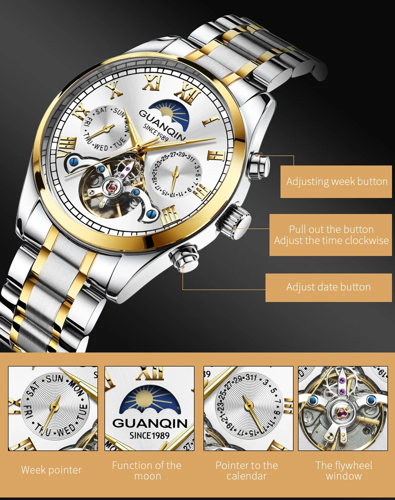 GUANQIN Tourbillon Mechanical Luxury Men\'s watches Stainless steel Waterproof Moon Phase Watch Sapphire Luminous watch for men