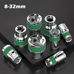 8-32mm 1/2 Green Belt Hexagonal Socket Heavy Duty Thickened Socket Set Pneumatic Wrench Set Of Nozzles Mechanic Tools Hand Tool