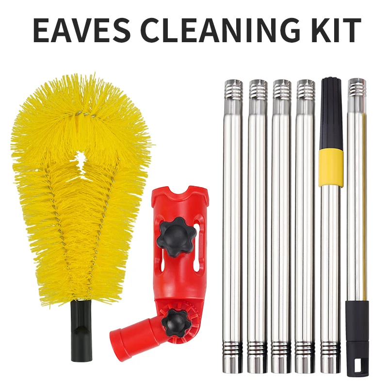 1.7M Extended Gutter Cleaning Kit - 180° Adjustable Head with Stiff Bristles & Clamp Holder Heavy Duty Roof Eave Clean Tools
