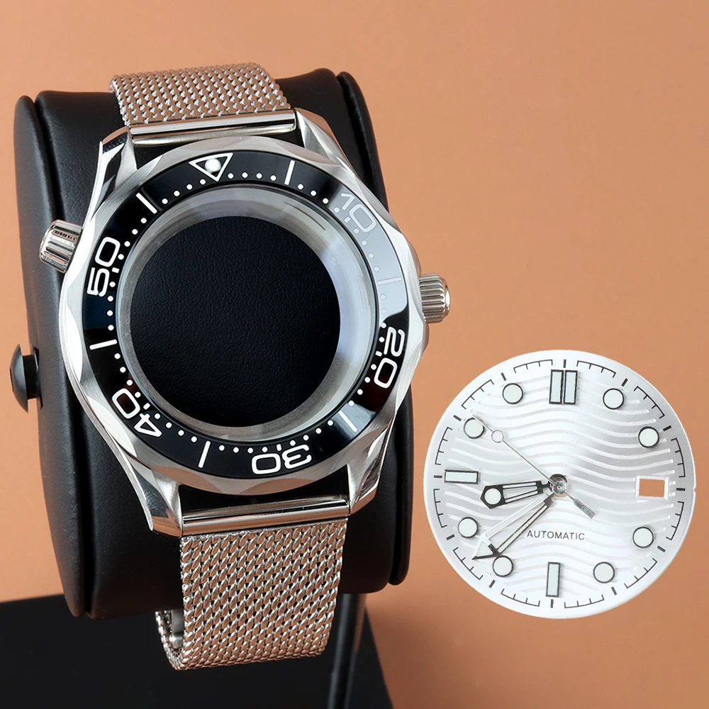 

31mm Dial NH35 41mm Watch Case Steel Waterproof Mesh Strap For Seamaster 300 Dial Hands Green Luminous For NH35 NH36 Movement