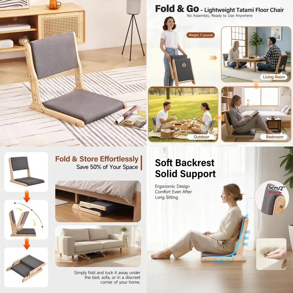

Foldable Japanese Floor Chairs with Cushion, Wood Accent Meditation Chairs for Bay Window, Dark Grey