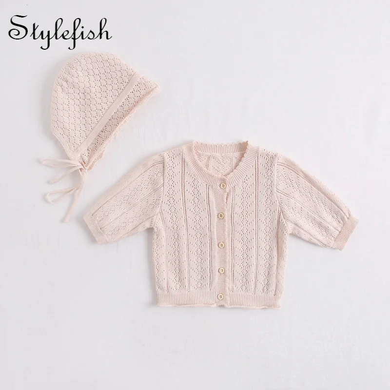 2022 baby wears prevented bask in air conditioning unlined upper garment of 7 minutes of sleeve knit hollow out jacket with hat