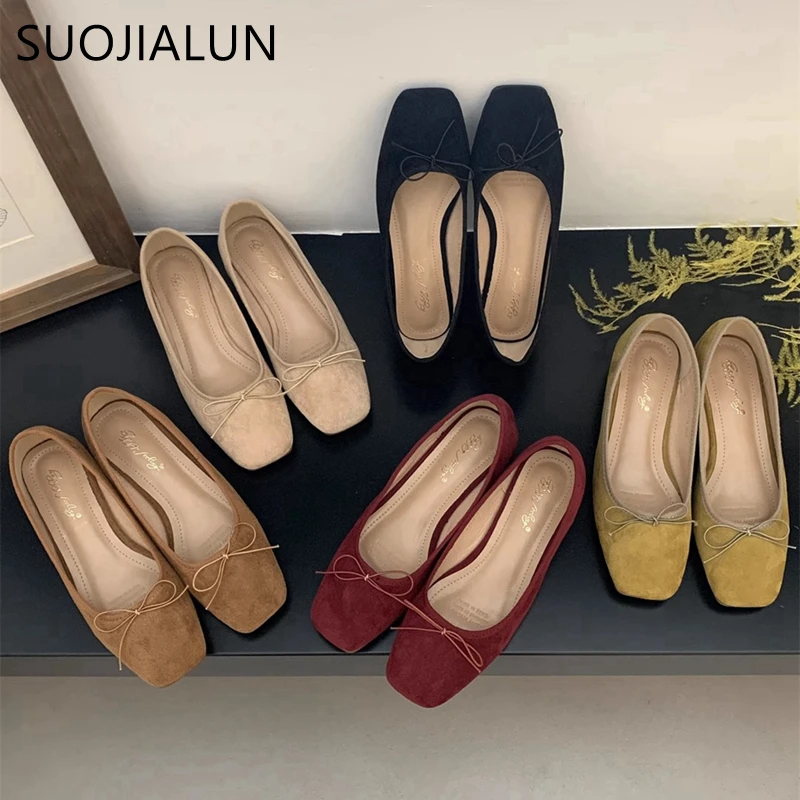 SUOJIALUN New Brand Women Flat Shoes Fashion Round Toe Shallow Slip On Ladies Ballerinas Shoes Casual Square Low Heel Ballet Sho