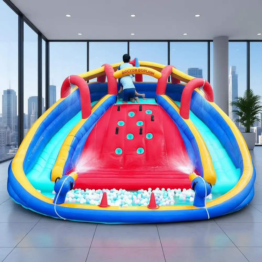 Dwu-kanałowa dmuchana zjeżdżalnia wodna dla dzieci z basenem, ścianą do wspinaczki i domkiem do skakania na podwórko - łatwy montaż na sucho