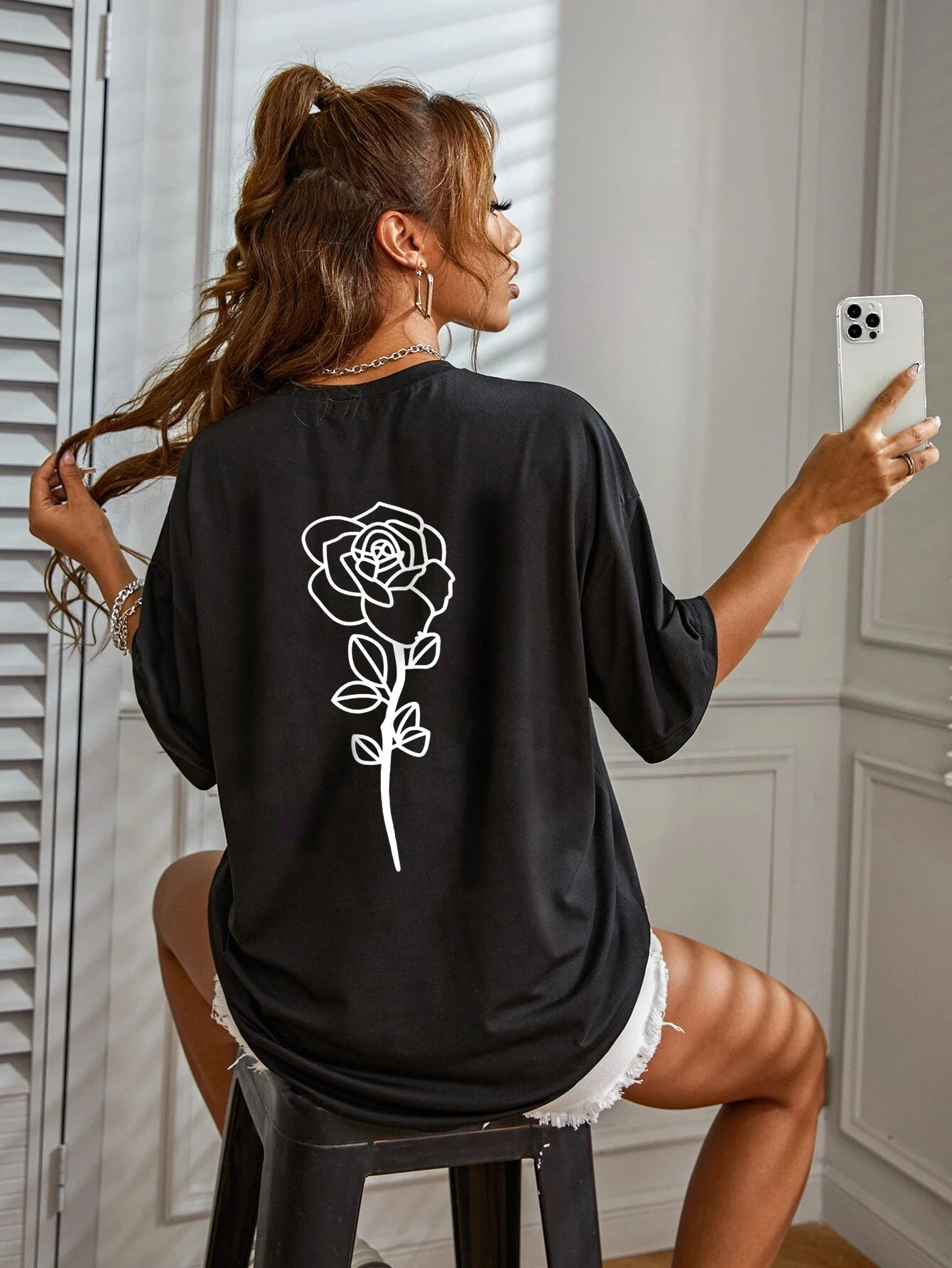 

Женская новая футболка, женский летний топ с принтом на спине, футболка с круглым вырезом и коротким рукавом, свободный крой, повседневный летний топ