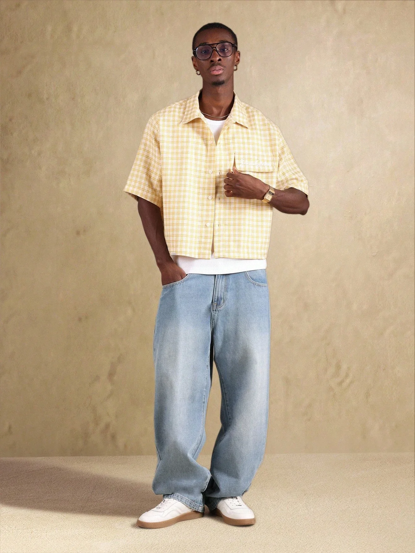 

Textured Plaid Short Sleeve Cropped Button Down Shirt Casual Summer Lightweight Resort Wear