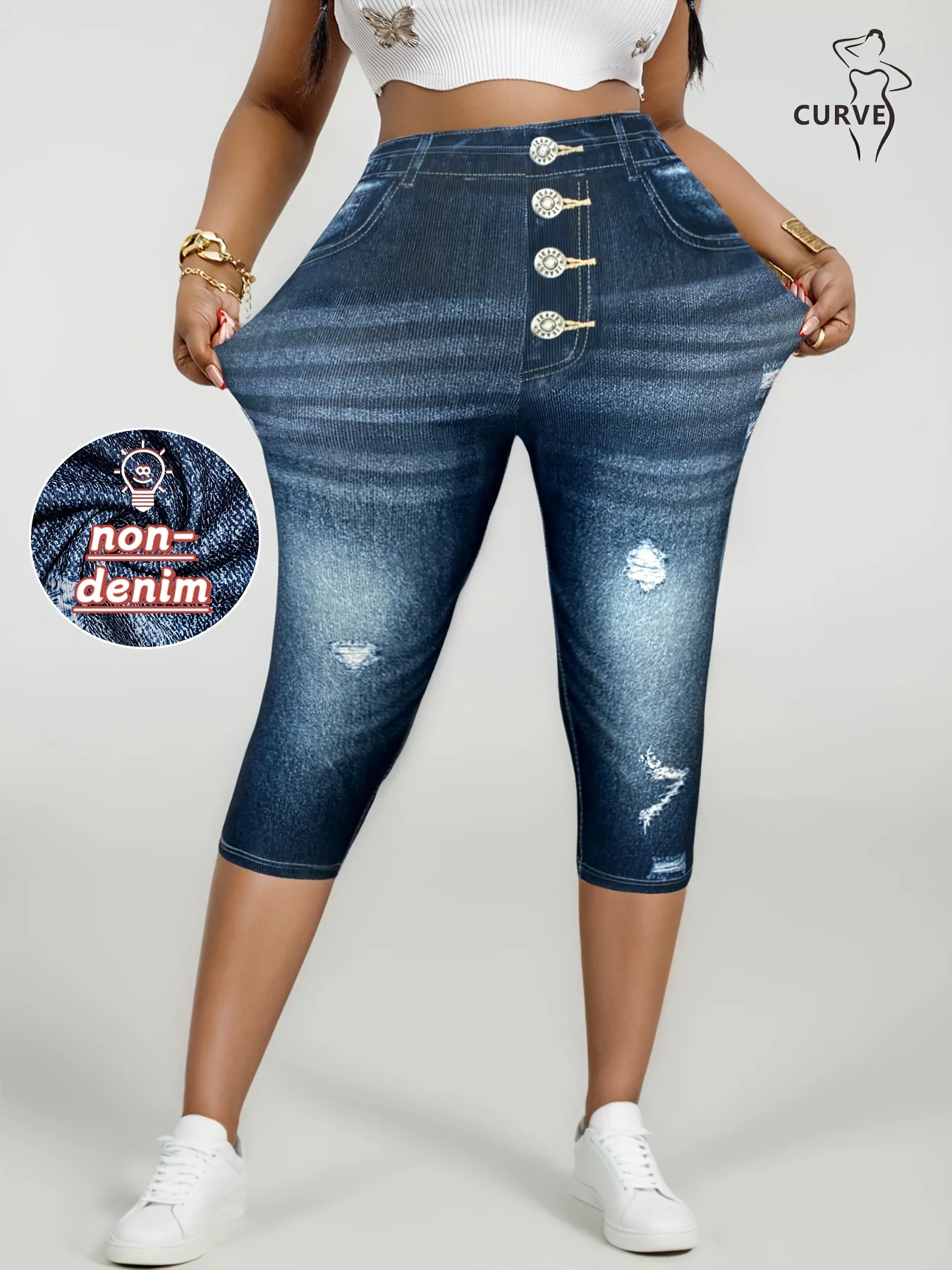 

【Джинсовые】Женские эластичные узкие брюки 7/8 больших размеров с искусственными пуговицами и принтом, повседневные вязаные спортивные брюки со средней посадкой