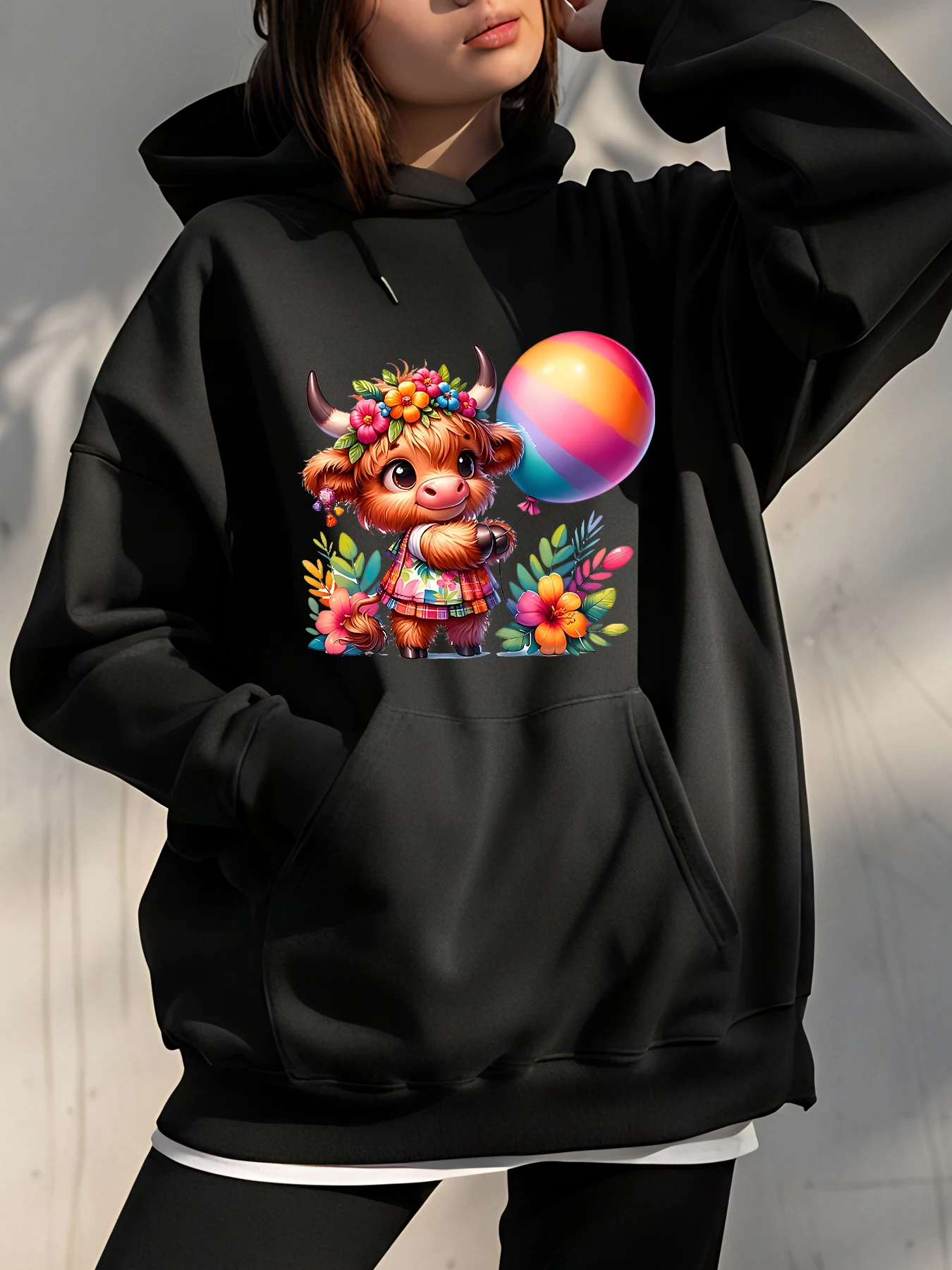 

Толстовка с цветочным принтом коровы и воздушным шаром, женская повседневная одежда в уличном стиле