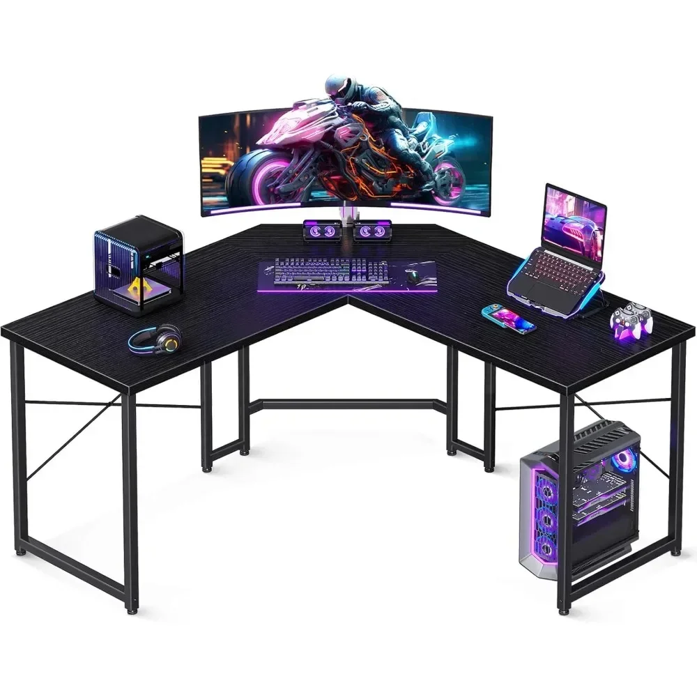 مكتب ألعاب على شكل حرف L، مكتب ألعاب للمكتب المنزلي، مكتب كمبيوتر، محطة عمل قوية للكتابة بمساحة صغيرة، سهلة التجميع