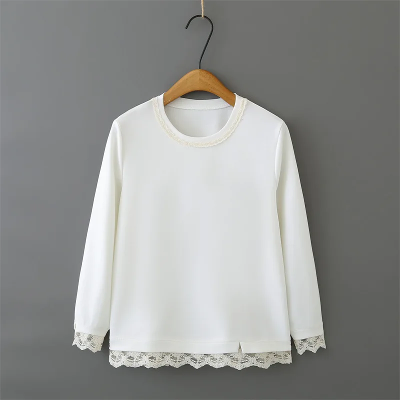 

Женская повседневная толстовка больших размеров с кружевным подолом и длинными рукавами, простые свободные топы для пышных девушек 2527