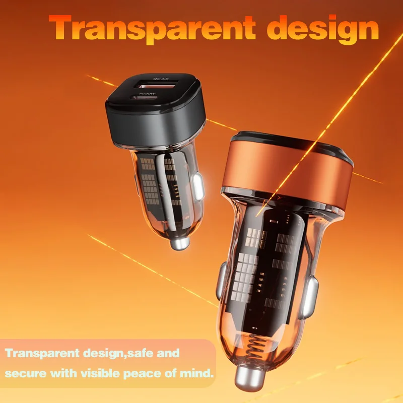 Mechanical-Style Transparent Design 52.5W 2 Port Car Cigarette Lighter Charger with PD30W QC3.0 Super Fast Charging USB