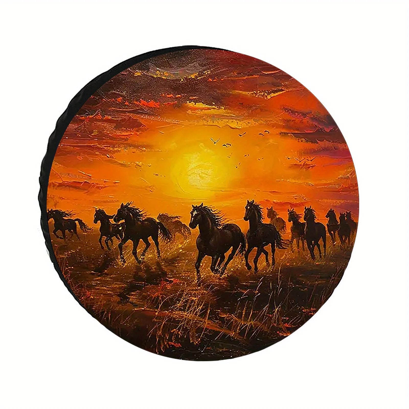 1 funda para llanta de repuesto con diseño de Mustangs galopando al atardecer vibrante, poliéster duradero, resistente al viento y al polvo, fácil de instalar para vehículos recreativos