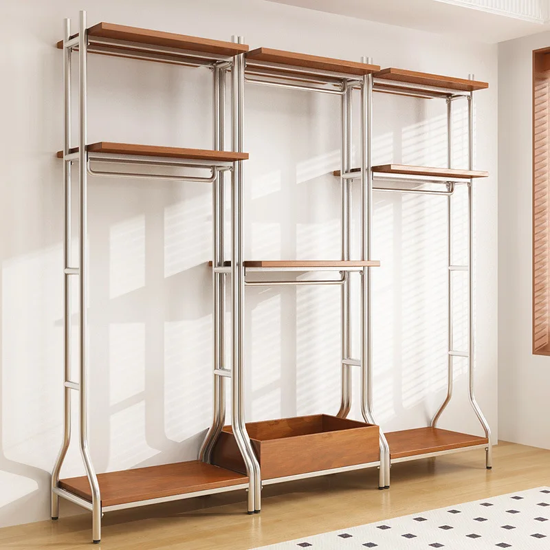 

Open wardrobe Nordic wrought iron walk-in hanger floor loft metal cloakroom shelf solid wood wardrobe