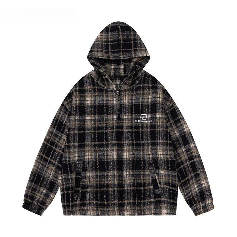 American Retro Plaid Design Versatile Couple Jackets Men Women Hooded Letter Embroidery Long-sleeved Slimming Loose Casual Coats