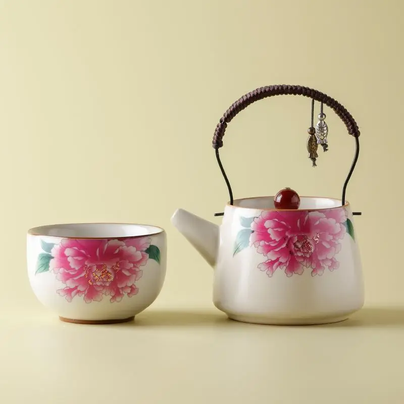 Beige Tea Infuser Ru Kiln Ceramic Pot Peony Handle Teapot 1 Pot 1 Cup Single Gongfu Tea Set for Home Office Picnic Outdoor Use