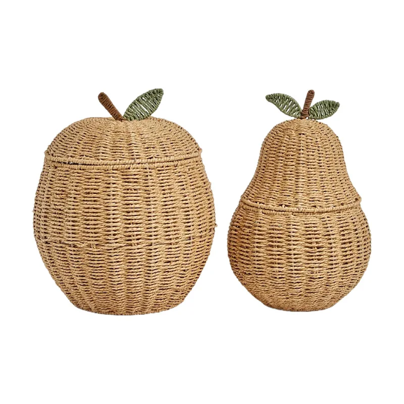 Boho Artisan Handwoven Natural Rattan Pear-Shaped Storage Basket Organizing Desktop Tray Home Decor Fruit Pattern Eco-Friendly