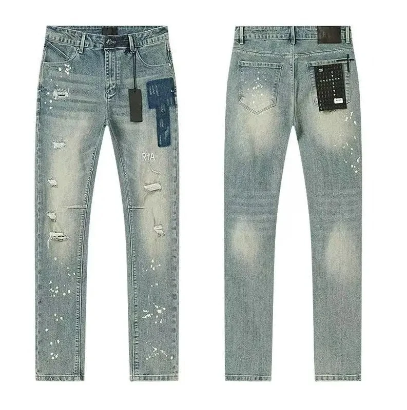 26 SS Mens Jeans Vintage Streetwear Ripped Paint Splatter Studded Patch Washed Slim Fit Denim Pants Unisex New
