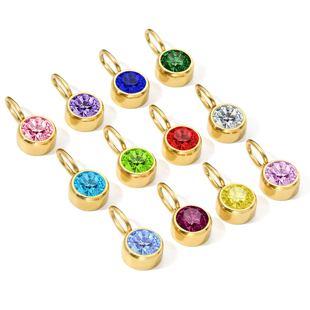 INS Stainless Steel 14K Gold PVD Plated DIY 8mm Colorful Zircon Birthstone Charm Pendant With Ring Accessories Jewelry Fitting