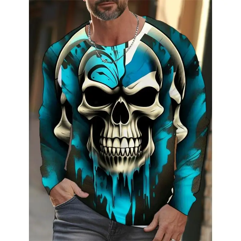 Men Long Sleeve T‑Shirt,3D Skull Rose Raven Motorcycle Art Print Crewneck Top,Gothic Streetwear Casual Daily Tee