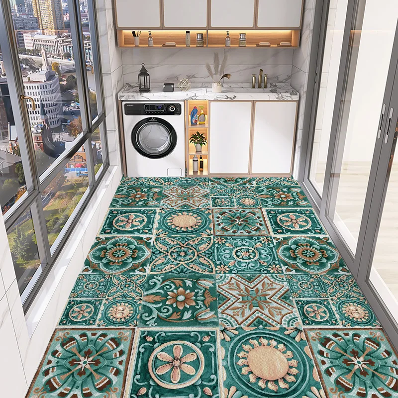 Kitchen Pvc Mat Waterproof Oil-proof Leather Carpet Washable Floor Mats Vintage Tile Print Rug Large Size Non-slip Area Rugs