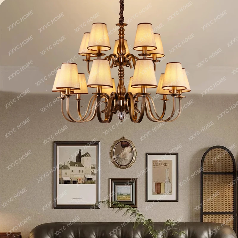 

Imitation copper dining room chandelier double-layer simple living room bedroom European fabric hotel club engineering lamp