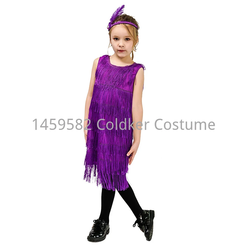 1920s Girls Flapper Costume Fancy Dress gioco di ruolo Kids Cosplay Party Halloween Double-sided nappa Dress per bambini