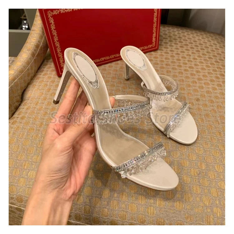 

Rhinestone Strap Women's Slippers Luxury Crystal Tassel Round Toe High Heels Stilettos Summer Elegant Party Wedding Dress Shoes