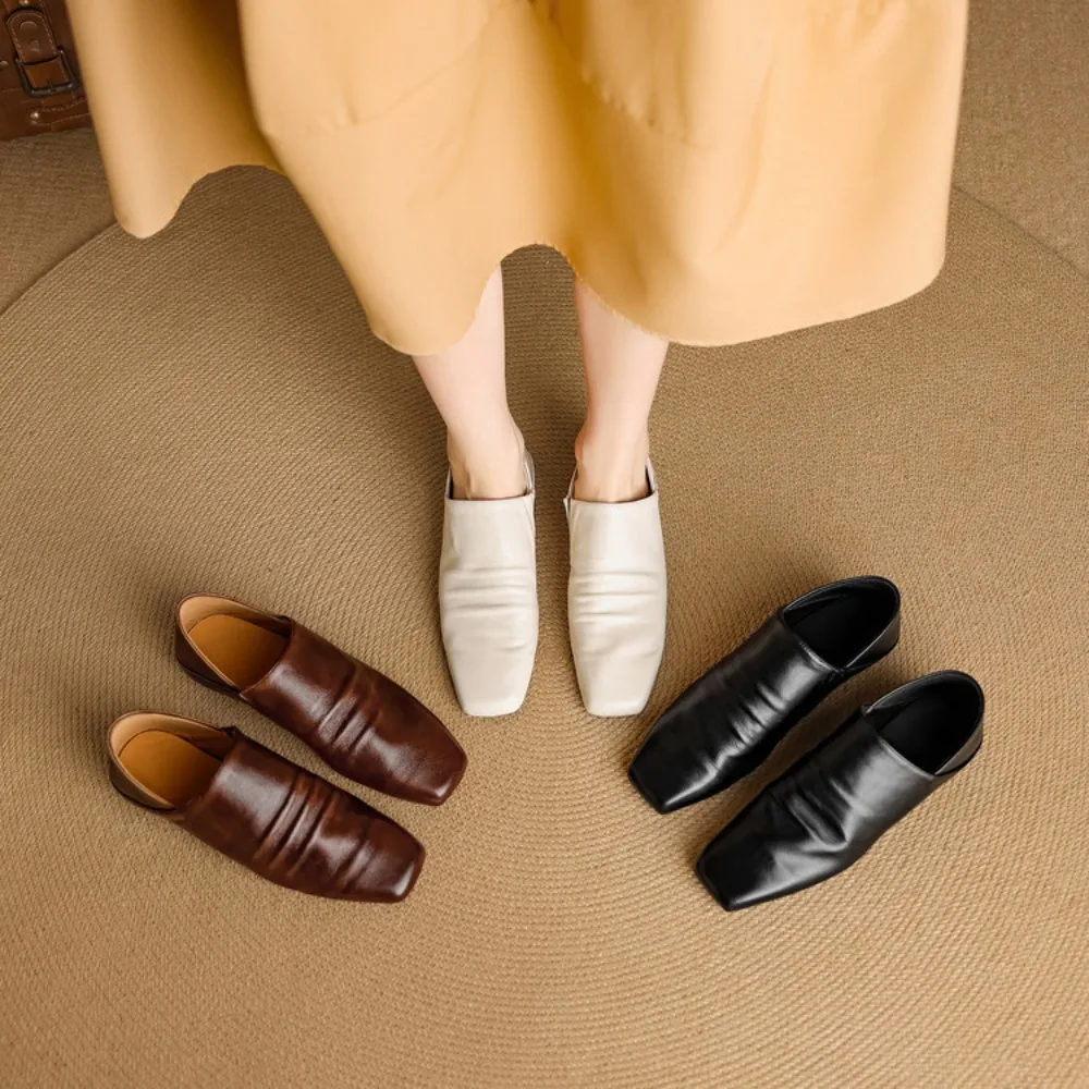 

2026 Spring Women's Genuine Leather Flat Shoes, Square Toe Soft Comfortable for Office & Home Daily Wear