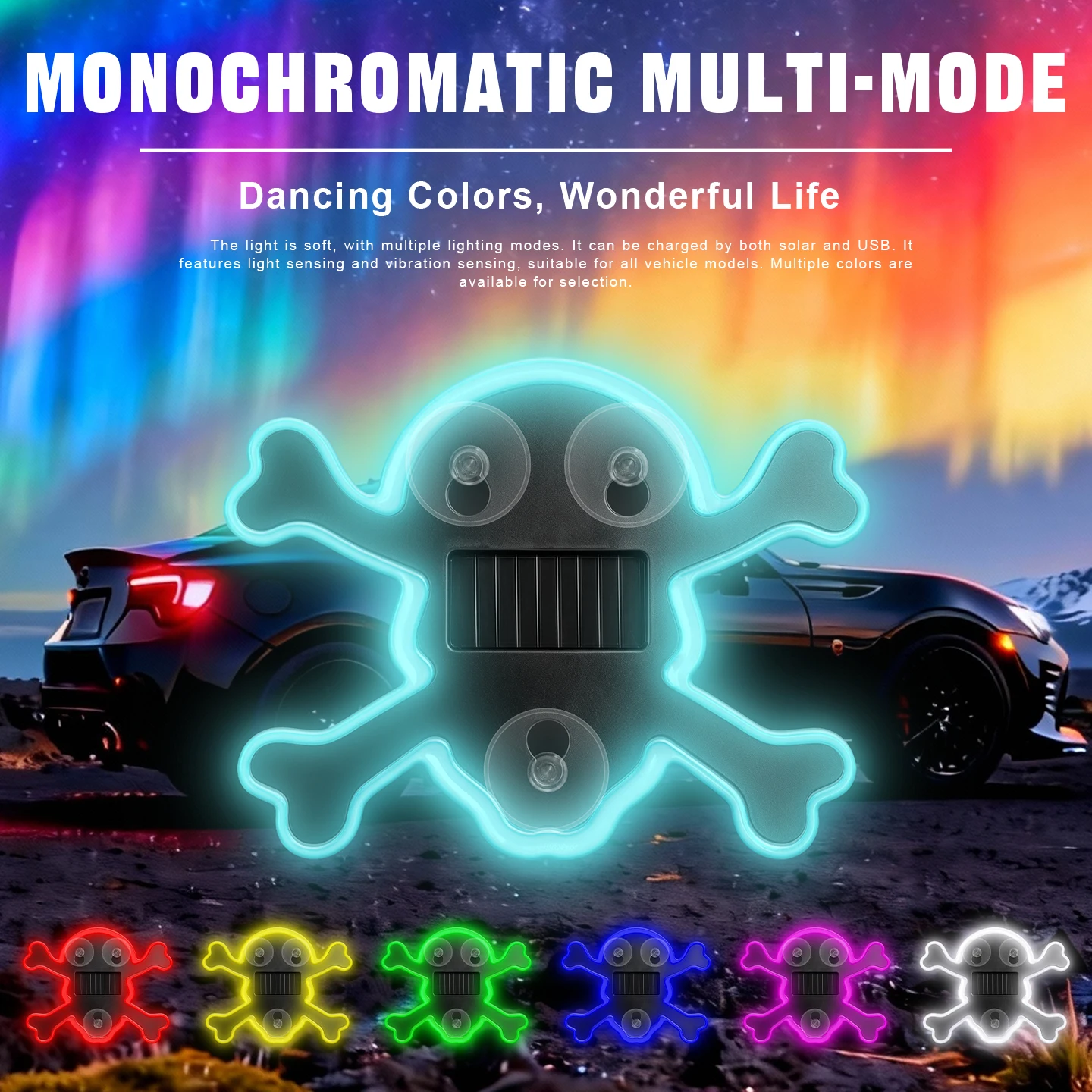Novelty Solar LED Skull Neon Atmosphere Light No Wiring Halloween Decor Lamp For Car Window Home Bar Holiday Party Decoration