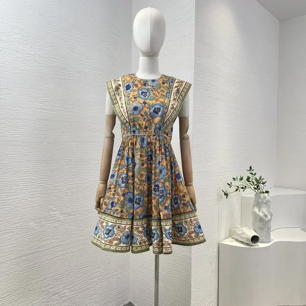 

Ramie New Women Clothing Yellow Floral Print Sleeveless High Quality A-line Mini Dress for Holiday