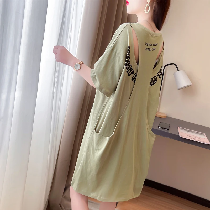 Short-Sleeved T-Shirt Dress Women's 2023 New Summer Korean Loose Long Fake Two-Piece Backless Half-Sleeve Tops Female Dresses