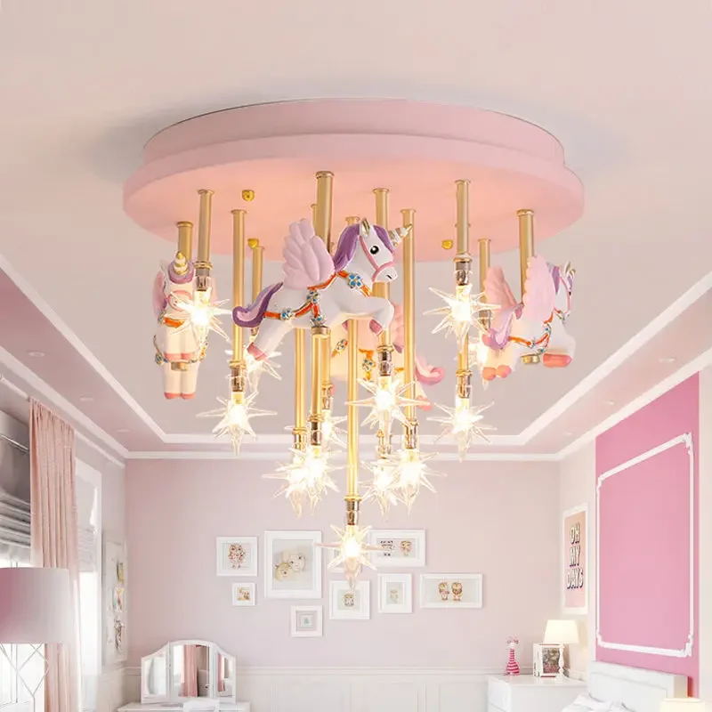 36W Blue Pink Kids Ceiling Light Children Child Room Resin Horse Paper Crane Princess Girl Boy Cute LED Bedroom Ceiling Lamp G4