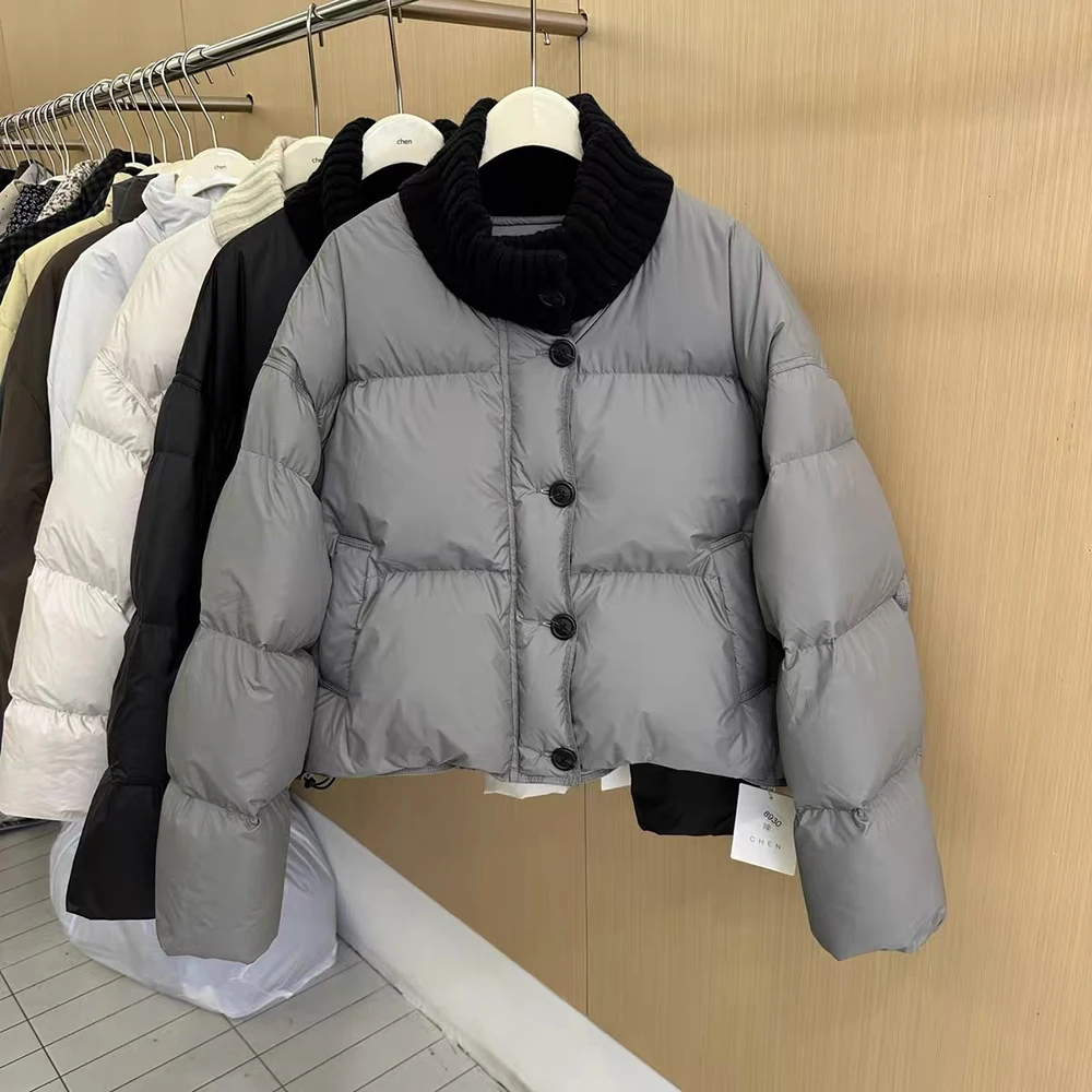 

Knitted Patchwork Half High Neck Puffer Jacket Women Winter 2025 New Korean Style Short Cotton-Padded Coat Warm Outerwear