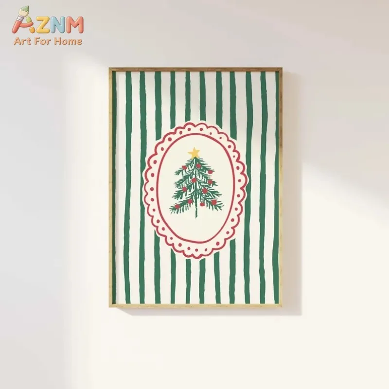 AZNM Vintage Striped Christmas Tree Canvas Wall Art Green White Stripe Cute Xmas Tree Lace Frame Print Unframed Canvas Holiday H