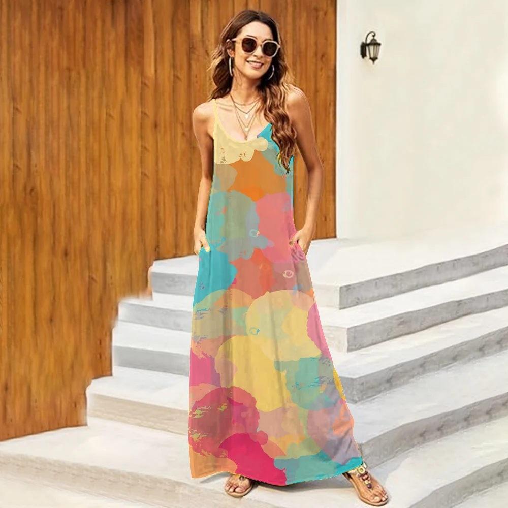 

2024 Women's New Fashion Dress 3d Colorful Graffiti Print Spaghetti Strap Long Skirts Sexy Summer Backless Vest Maxi Clothing