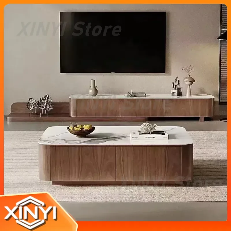 Retractable TV Stand Rock Panel Coffee Table Set for Walnut Veneer Storage Cabinet Modern Simple Living Room Small Apartment