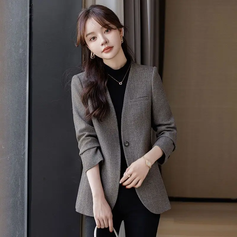 

High-Grade Women's Suit Jacket Spring Autumn Professional Temperament Casual Collarless Small Blazer Slim-Fit Fashion Outwear