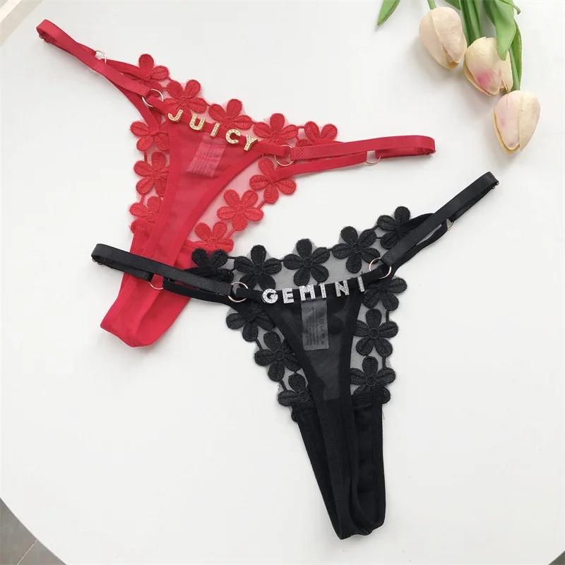 Customized Letter Sexy Women mesh three-dimensional flowers Low Waist Underwear Bikini G-Strings Adjustable Waist Underwear Gift