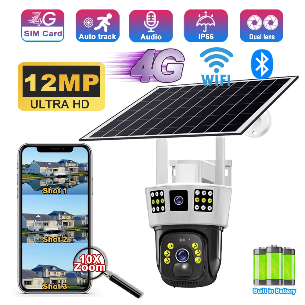 

12MP 6K HD Solar Camera Outdoor 2 Lens 3 Screen 4G Sim Wifi Security CCTV Waterproof PIR Human Detection Night Vision Cameras