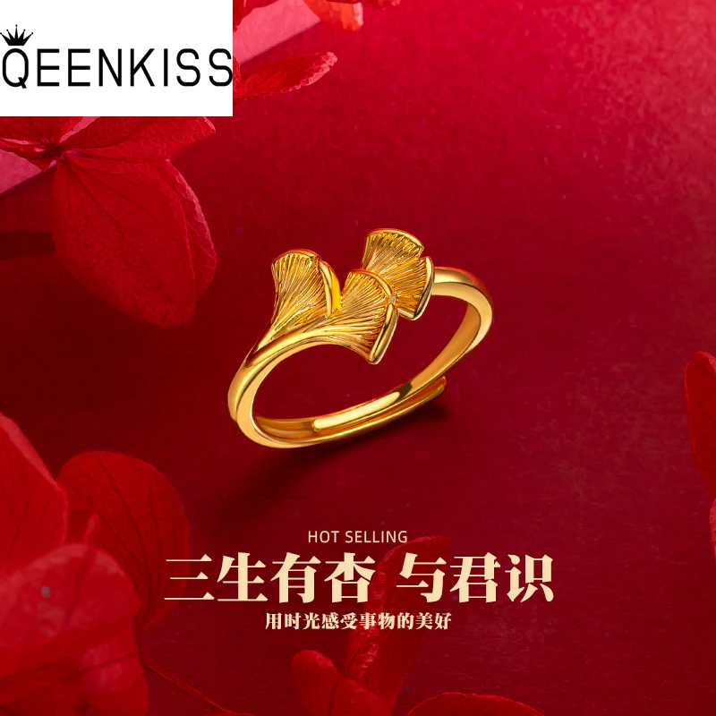 QEENKISS Gold Ginkgo Open Ring For Women Wholesale Party Birthday Wedding Christmas Bride Mother Girlfriend Ladies Gift RG5165